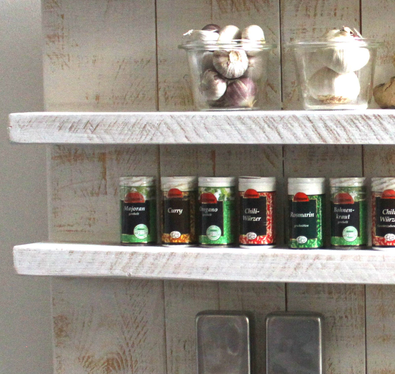Wooden spice rack for wall or standing antique white 4 shelves