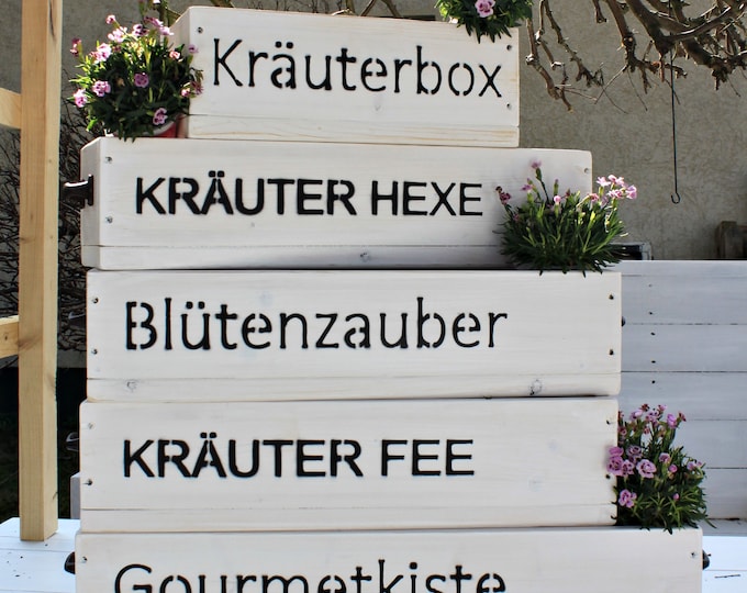Flower box " The original by Dekorie " made of wood with lettering and iron handles 50 - 90 cm wide / 19.5 cm deep / in white