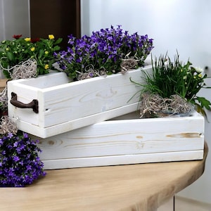 Blumenkasten aus massivem Holz - Größe 30 - 90 cm / Tiefe 15 cm / Vintage Blumen- & Pflanzenkasten mit Eisen Griffen in Weiß