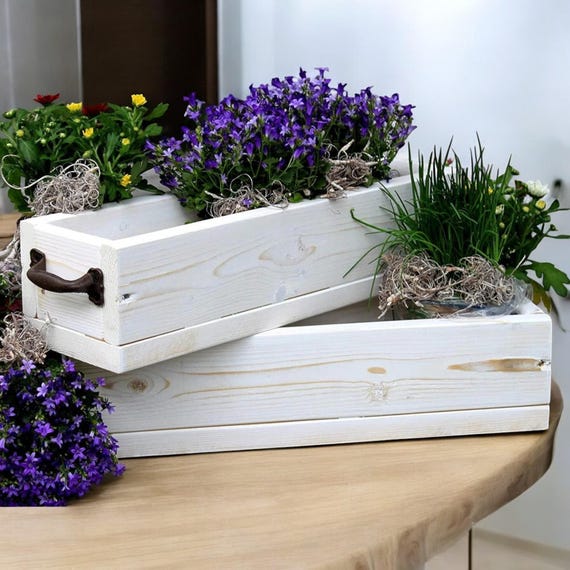Blumenkasten aus massivem Holz - Gre 30 - 90 cm / Tiefe 15 cm / Vintage  Blumen- & Pflanzenkasten mit Eisen Griffen in Wei - Etsy.de