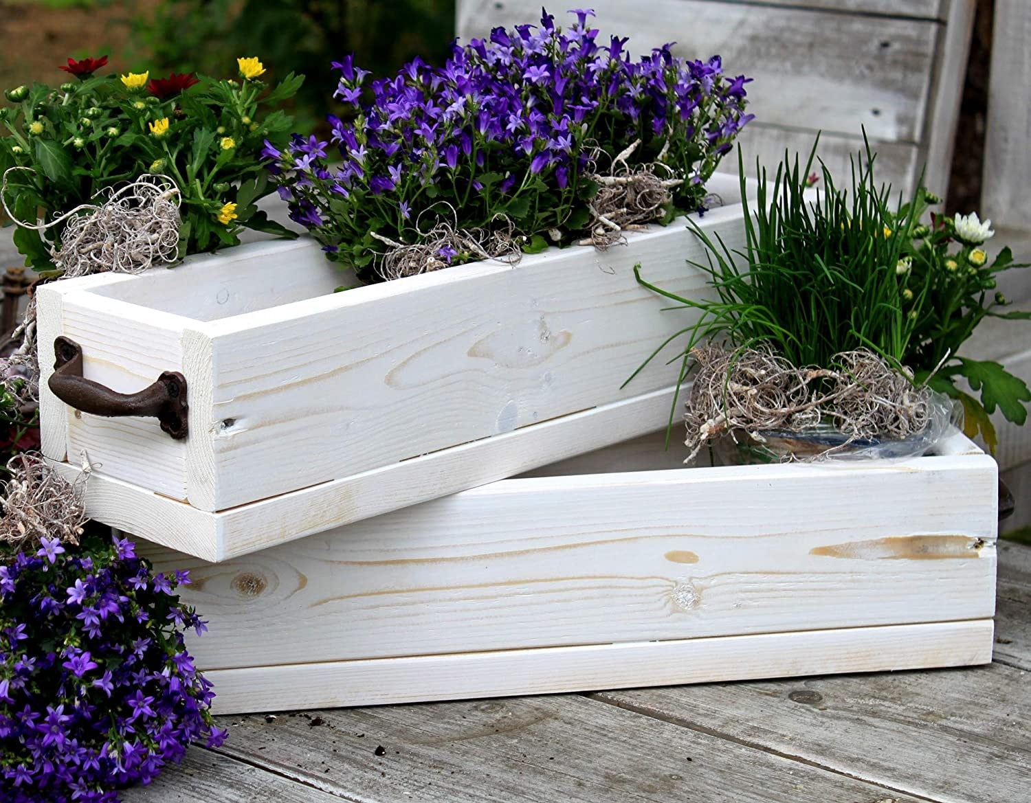 Blumenkasten aus massivem Holz Größe 30 90 cm / Tiefe 15 cm / Vintage  Blumen & Pflanzenkasten mit Eisen Griffen in Weiß