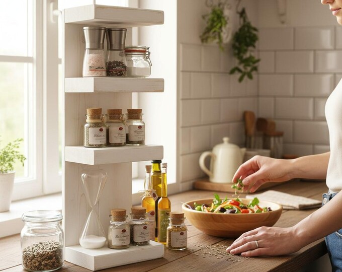 Wooden spice rack - for wall or standing - white - 4 shelves