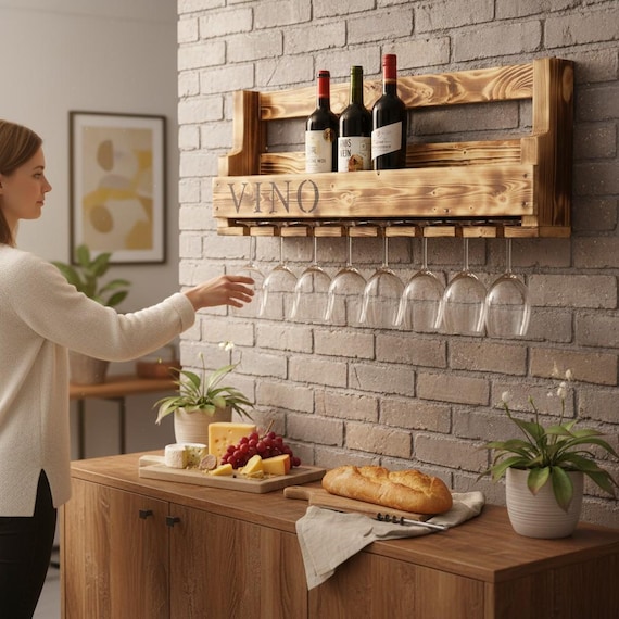 Set portabicchieri portabottiglie da parete HWC-P22, scaffale vino per 6 bottiglie/15 bicchieri Legno 61x28cm ~ marrone | Leroy Merlin