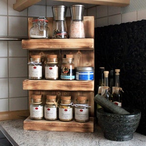 Wooden spice rack for the wall or standing Flamed 3 shelves 画像 1