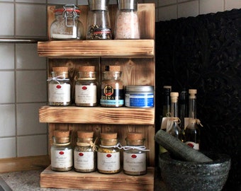 Wooden spice rack - for the wall or standing - Flamed - 3 shelves