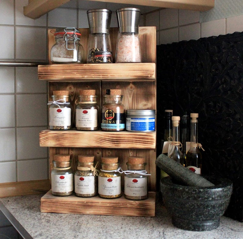 Wooden spice rack for the wall or standing Flamed 3 shelves 画像 1