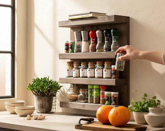 Wooden spice rack - for wall mounting or freestanding use - brown - 4 shelves - 57 x 24 cm - 72 x 12 cm - solid wood