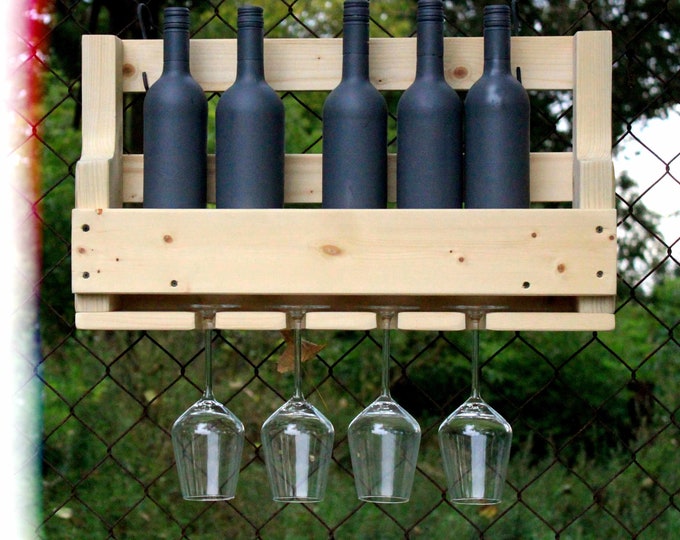 High quality wooden wine rack for the wall - with glass holder - nature - ready assembled - shelf for wine bottles and wine glasses