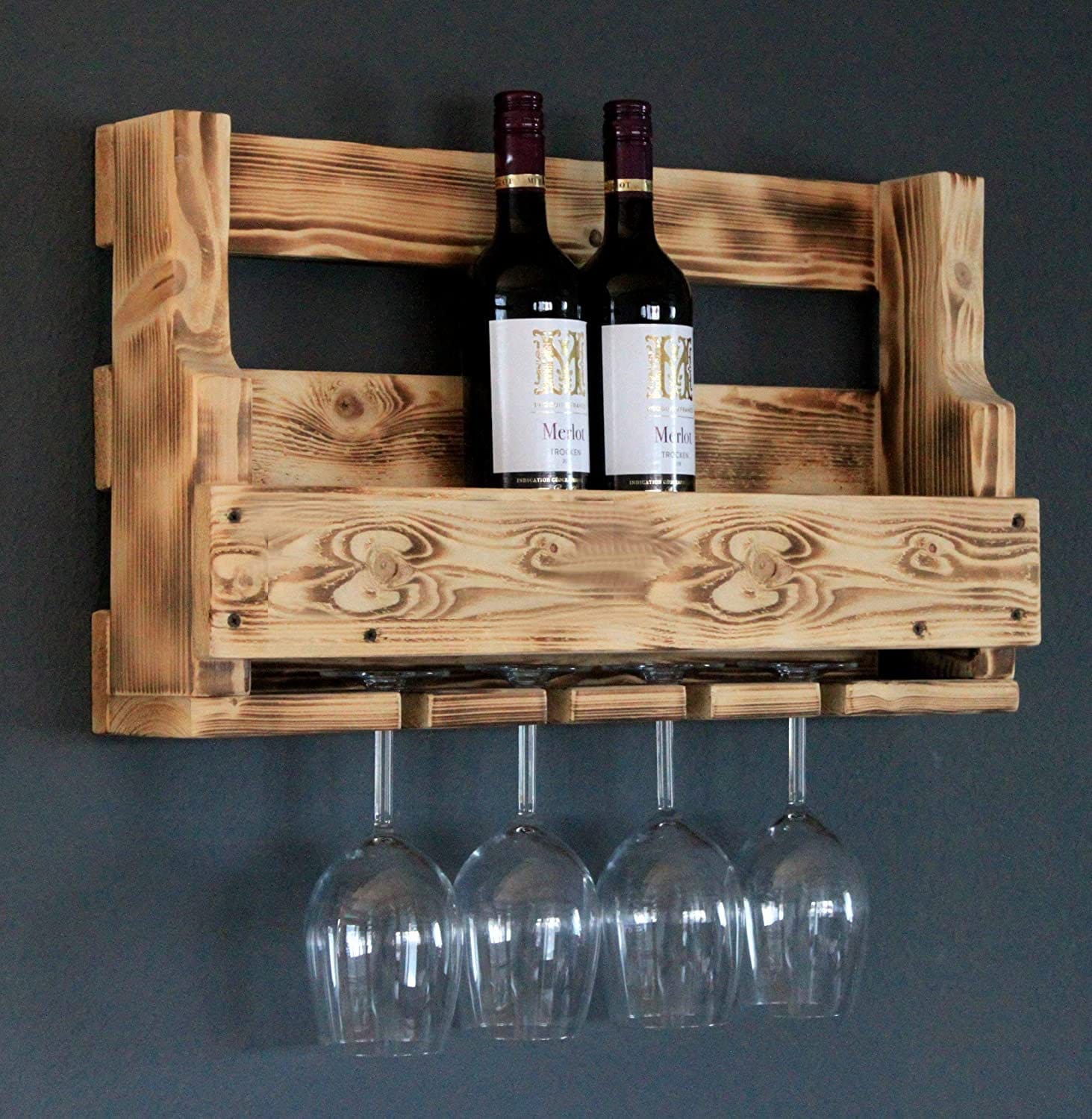 Botellero de madera para pared con soporte para copas marrón completamente  montado estante para botellas de vino y copas de vino -  México