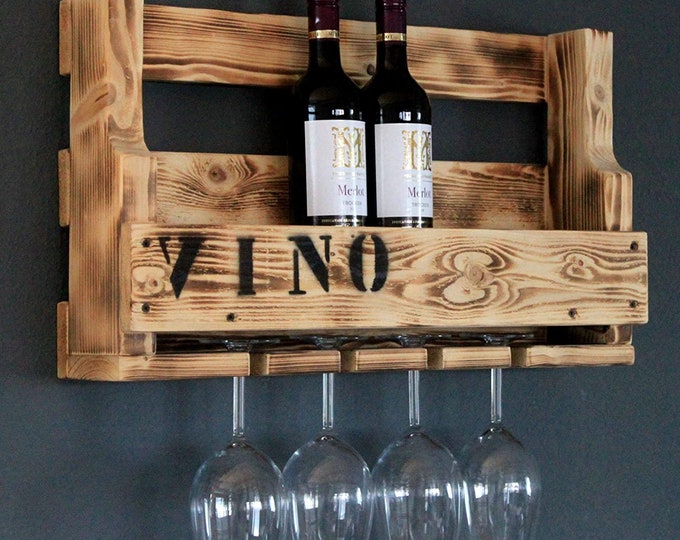 Wooden wine rack for the wall - with glass holder and VINO lettering - Flamed - ready assembled - Shelf for wine bottles and wine glasses