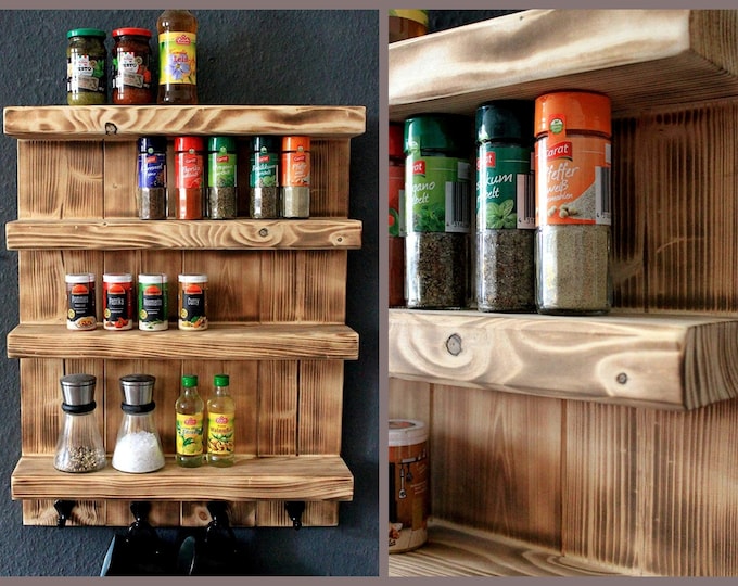 Wooden spice rack for the wall - Flamed - 4 shelves - 65 x 50 x 12 cm - solid wood