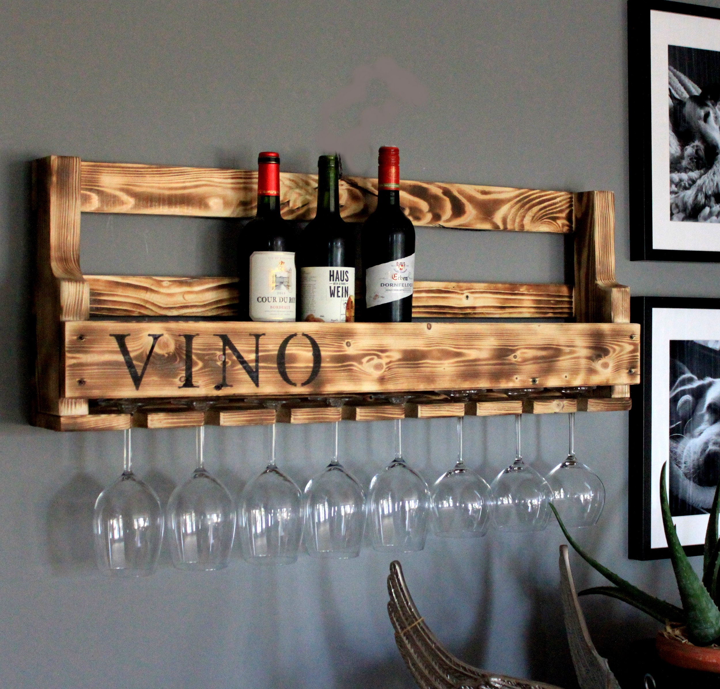 Wooden wine rack for the wall with glass holder and VINO lettering