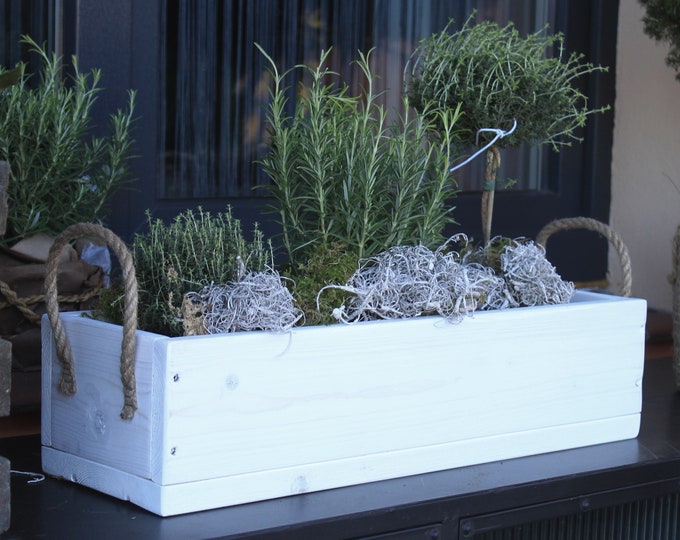 Flower box " The original by Dekorie " made of wood with linen handles 30 - 90 cm wide / 19.5 cm deep / in white