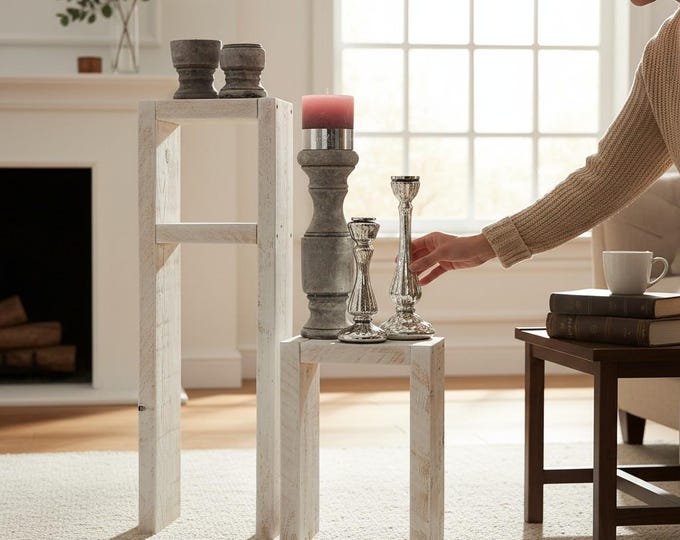 Side table stool Candlestick shelf Floral table set of wooden vintage shabby white