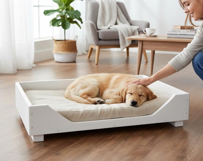 Kopie von Hundebett aus Holz für kleine/mittlere/große Hunde - 60-110 x 40-765 - Farbe: Weiß - Hundekorb/Hundesofa/Katzenbett aus Massivholz