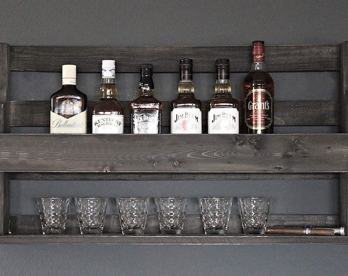 Whiskey shelf wine glass whiskey glass holder bottle rack wood black vintage shabby ready assembled