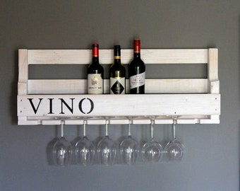 Casier à vin en bois pour le mur - avec support en verre avec lettrage VINO - Blanc - prêt à l’emploi - Étagère pour bouteilles de vin et verres à vin
