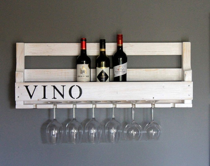 Wooden wine rack for the wall - with glass holder with VINO logo - white - ready assembled - rack for wine bottles and wine glasses