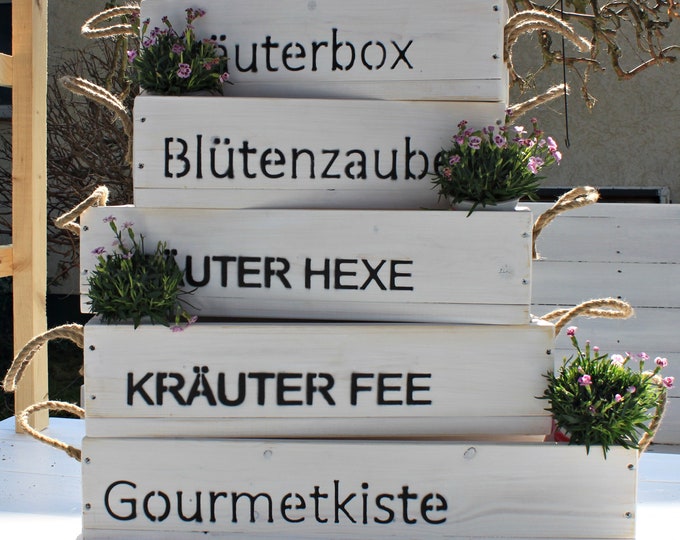 Flower box " The original by Dekorie " made of wood with lettering and jute handles 50 - 90 cm wide / 19.5 cm deep / in white