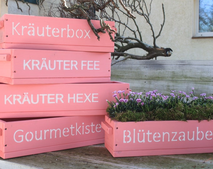 Flower box " The original by Dekorie " made of wood with lettering and wooden handles 50 - 90 cm wide / 19.5 cm deep / in pink / pink