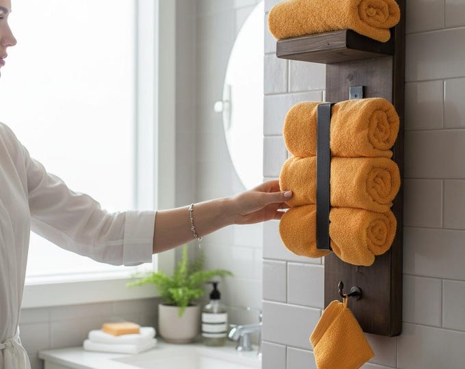 Hanging shelf made of solid wood in the beautiful  brown - 80 cm x 20 cm x 19 cm - pretty towel rail enchants especially small bathrooms