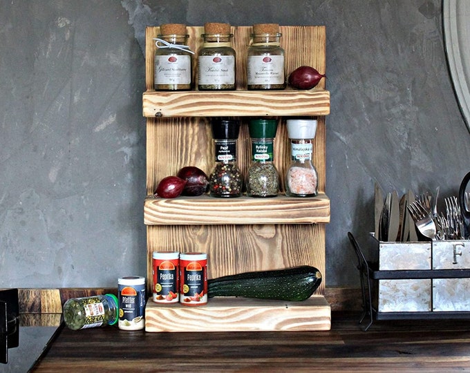 Spice rack made of wood - standing - flamed vintage - 3 shelves - solid wood
