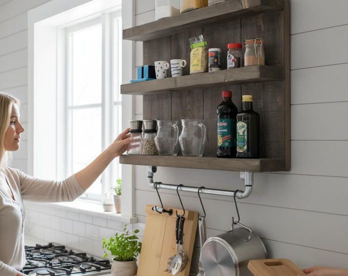 Kitchen shelf made of solid wood - Colour: Brown - Vintage spice rack for the wall including a suspension for pots.