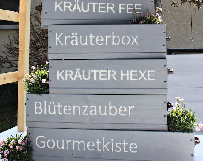 Flower box " The original by Dekorie " made of wood with lettering and iron handles 50 - 90 cm wide / 19.5 cm deep / in gray