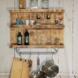 Etagère de cuisine en bois pour épices avec cache-pot aspect industriel marron flammé