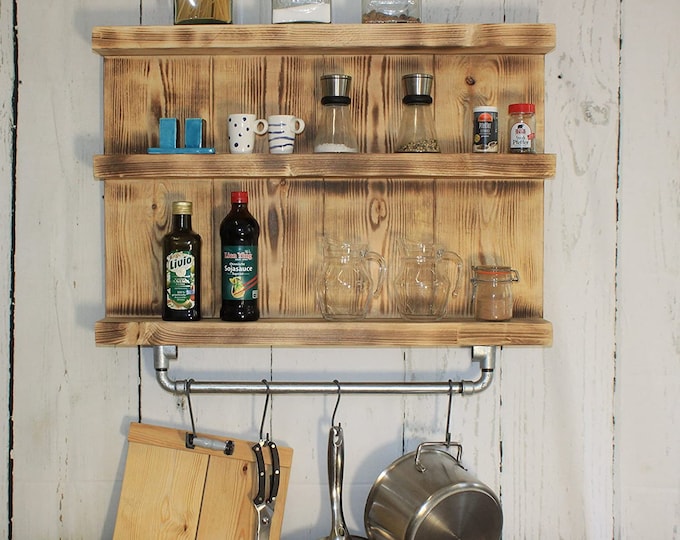Kitchen shelf made of solid wood -Brown (flamed) 12 cm x 60 - 79 cm x 59 cm Vintage spice rack for the wall including a suspension for pots.
