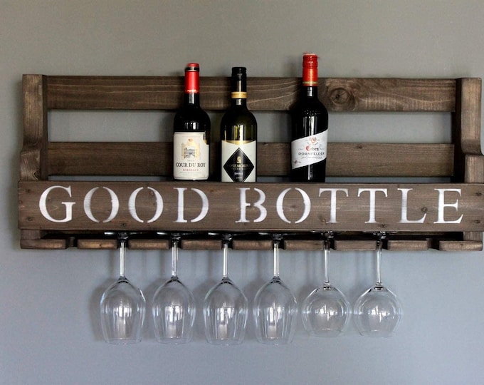 Wooden wine rack for the wall - with glass holder with VINO lettering - brown - ready assembled - rack for wine bottles and wine glasses