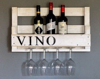 Casier à vin en bois pour le mur - avec support en verre et lettrage VINO - Blanc - prêt à l’emploi - Étagère pour bouteilles de vin et verres à vin