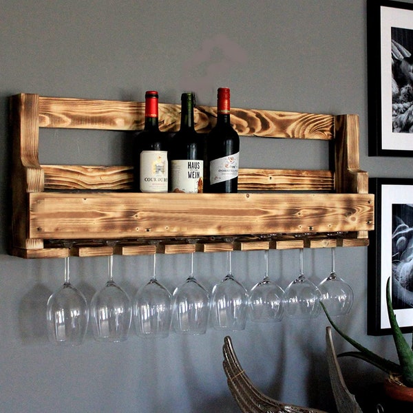 Casier à vin en bois pour le mur - avec porte-verre - marron (flammé) - entièrement assemblé - étagère pour bouteilles de vin et verres à vin