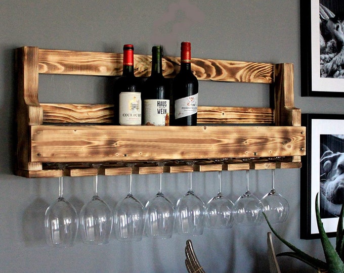 Wooden wine rack for the wall - with glass holder - Flamed - ready assembled - shelf for wine bottles and wine glasses