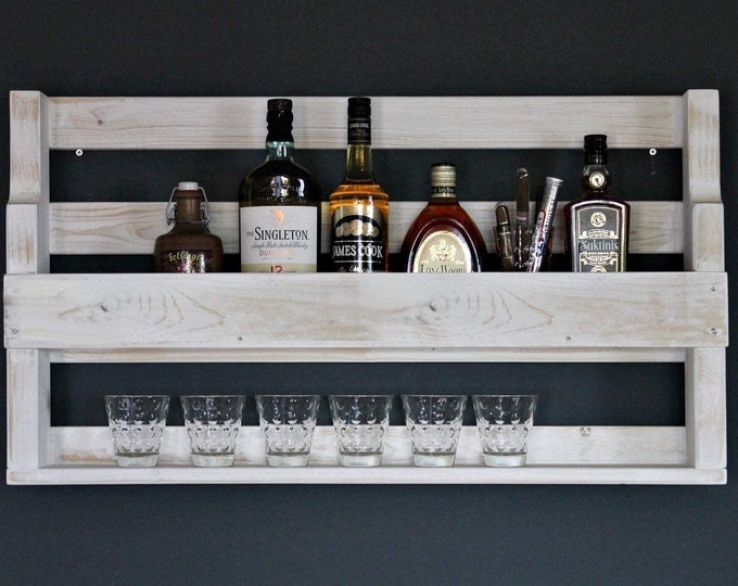 Whiskey Wine Glass Bottles Shelf Whiskey Shelf Glasses Holder Wooden Vintage White Ready Mounted