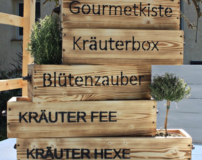 Flower box "The Original by Dekorie" made of wood with lettering and iron handles 50 - 90 cm wide / 19.5 cm deep / in flamed