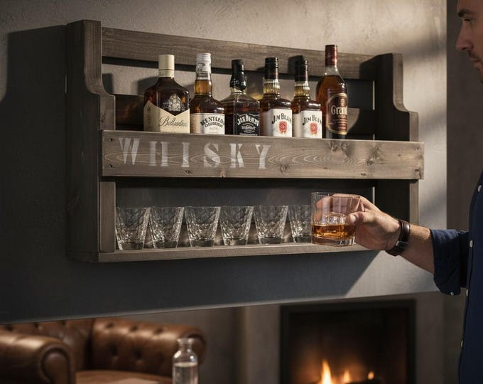Whisky Regal aus Holz - mit Gläserhalter und WHISKY Schriftzug - Schwarz - fertig montiert - Wandbar - Whisky-Regal aus Holz
