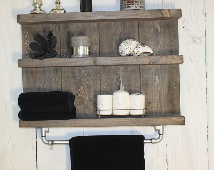 Wooden bathroom shelf - Colour: Brown  - Vintage bathroom shelf for the wall including hanging for towels