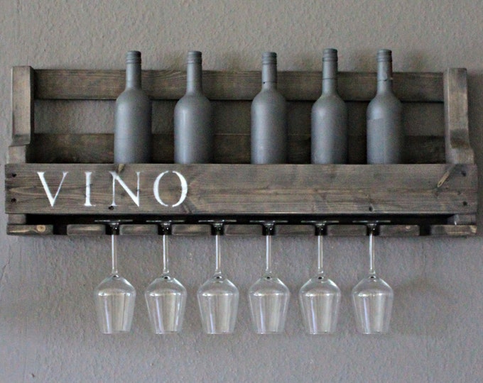 Wooden wine rack for the wall - with glass holder and VINO lettering - Black Shabby - fully assembled - shelf for wine bottles
