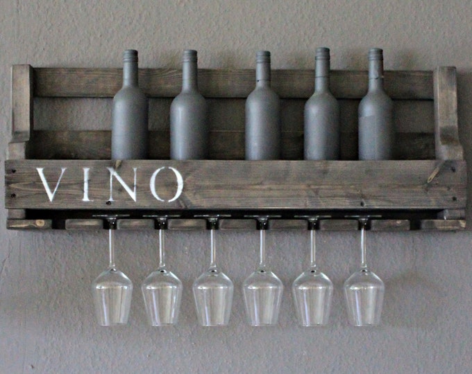 Wine rack made of wood for the wall - with glass holder and VINO lettering - Black Shabby - ready assembled - Shelf for wine bottles