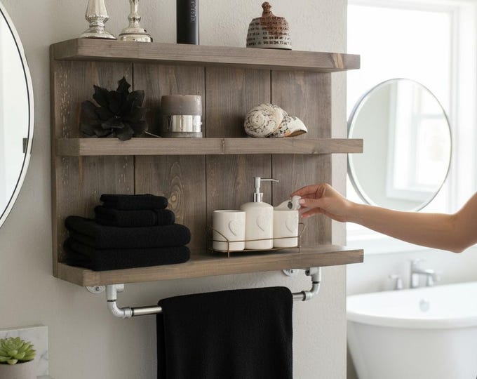 Wooden bathroom shelf - Colour: Brown  - Vintage bathroom shelf for the wall including hanging for towels