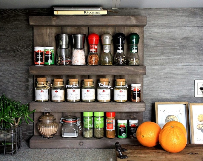 Wooden spice rack - for the wall or standing - brown - 4 shelves - 57 x 24 - 72 x 12 cm - solid wood