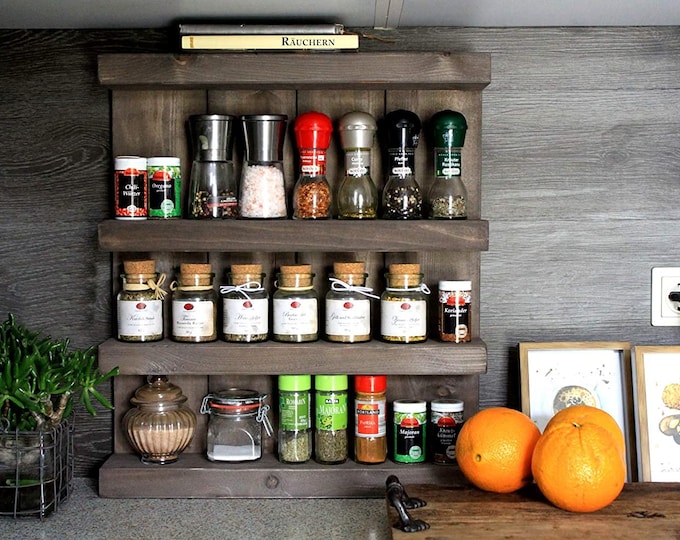 Spice rack made of wood - for the wall or standing - Brown - 4 shelves - 57 x 24 - 72 x 12 cm - Solid wood