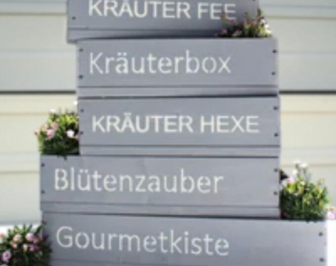 Wooden flower box "The Original by Dekorie" with lettering and iron handles, 50-90 cm wide / 19.5 cm deep / in grey