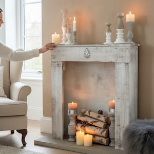 Kaminkonsole Dekokamin Kaminsims aus Holz | fertig montiert (Antik Weiß (Modell 1))