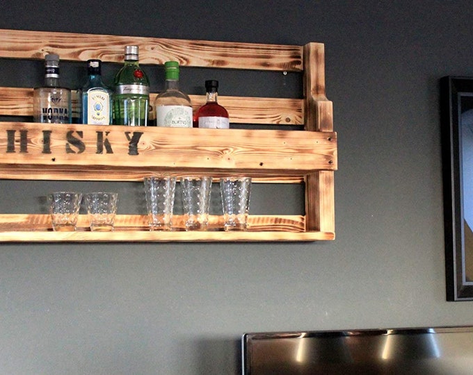 Whisky shelf made of wood - with glass holder and WHISKY lettering - brown (flamed) - industrial style - fully assembled - wall bar - whisky shelf