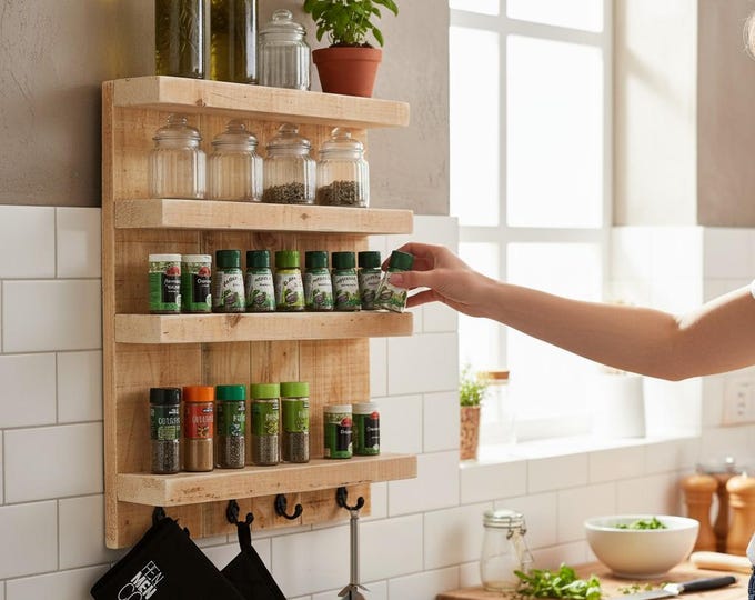 Wooden spice rack for the wall - nature - 4 shelves - 65 x 24 - 72 x 12 cm - solid wood