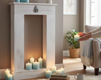 Kaminkonsole Dekokamin Kaminsims aus Holz | fertig montiert mit Sockel Antik Weiß