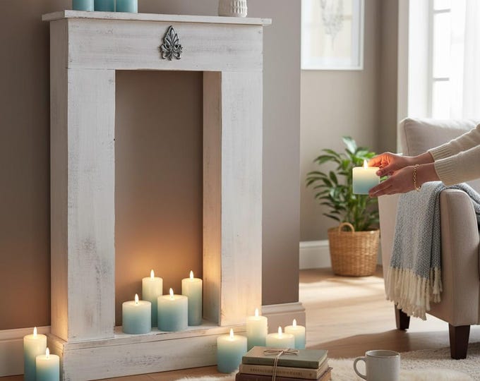 Fireplace console, decorative fireplace, mantel made of wood fully assembled with antique white base