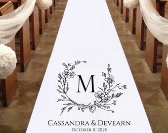 Alfombra de pasillo personalizada con monograma de flores, accesorios de boda, color blanco liso, varios tamaños